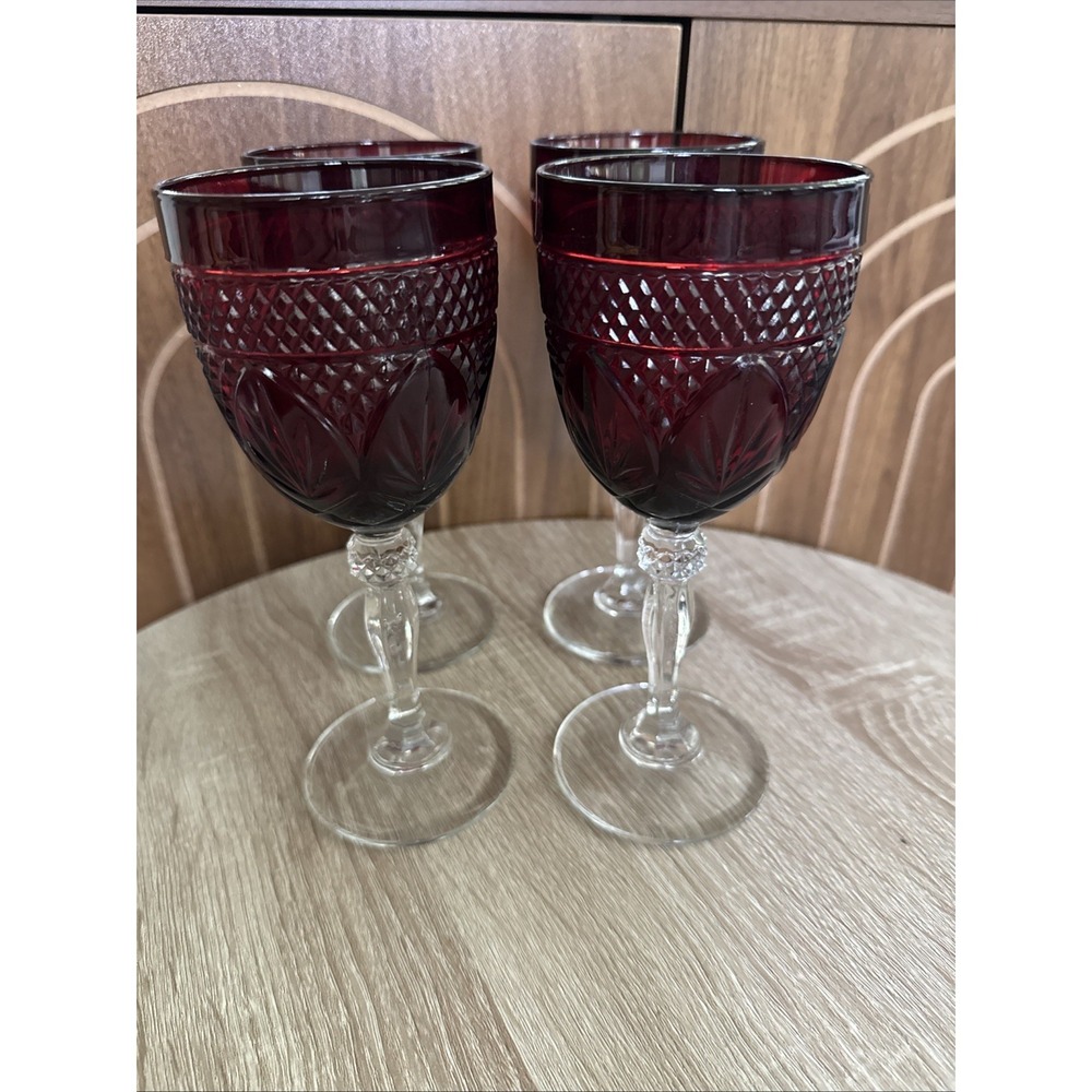 Cristal D'Arques-Durand Antique Ruby Red Goblets Set of 4 Wine Water Glasses 8"
